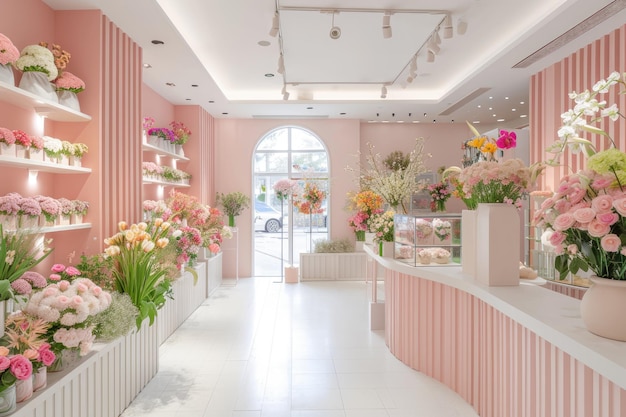 Interior de una floristería iluminado por el sol, repleto de flores rosadas y vegetación