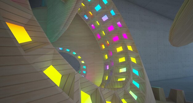 Interior de fondo arquitectónico abstracto hecho de hormigón de madera y vidrio Neón degradado de color
