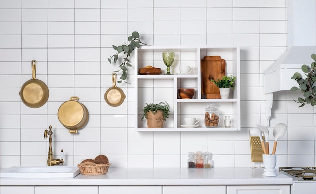 Interior de fondo de cocina blanca moderna en estilo escandinavo foto de alta calidad