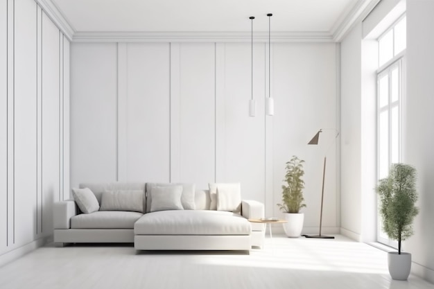 Interior fondo salón estilo espacio sofá pared luz diseño blanco moda IA generativa