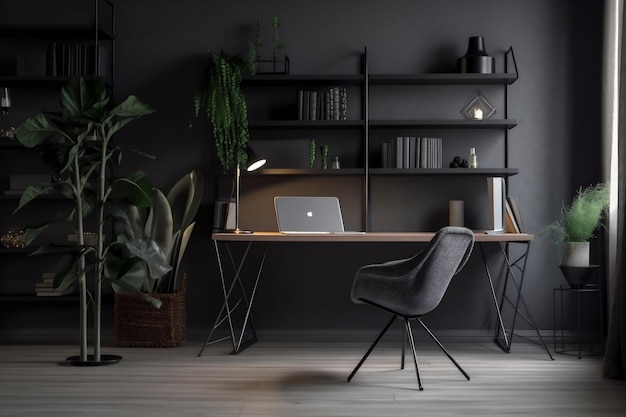Interior fondo silla estante estilo de vida pared monitor pantalla mesa lugar de trabajo maqueta IA generativa