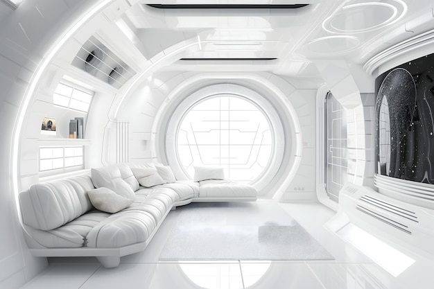 Interior futurista blanco al estilo de la estación espacial de la sala de estar