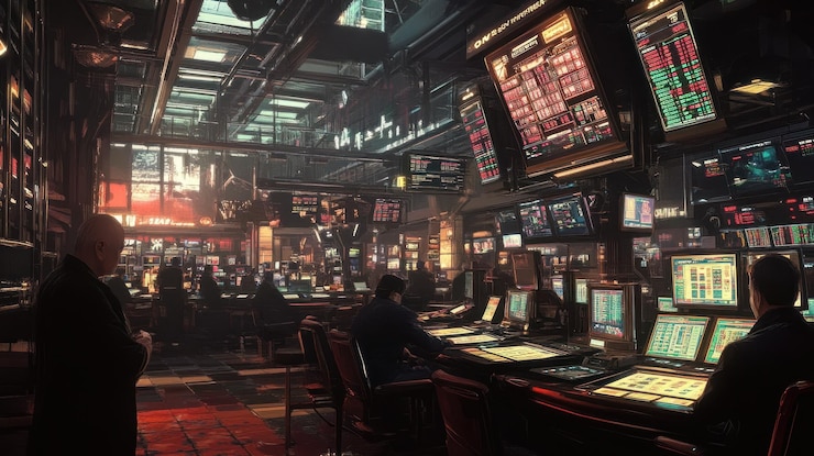 Interior futurista del casino con numerosas personas jugando en mesas y monitores que muestran datos financieros