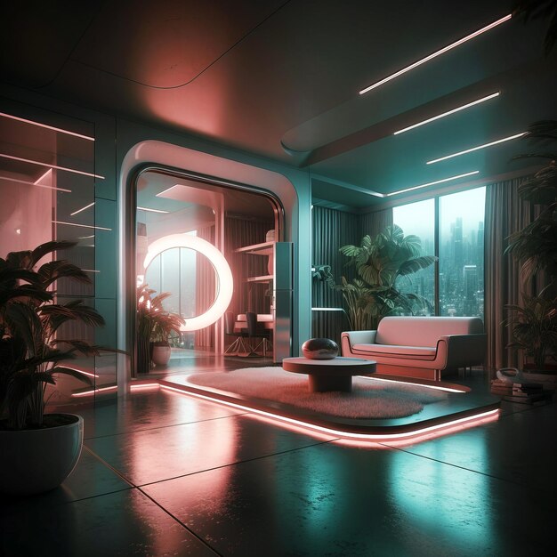 Foto interior futurista com design de alta tecnologia com iluminação led azul-azul e laranja