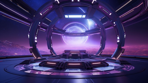 interior futurista da nave espacial com vista para o planeta Terra no céu roxo
