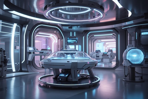 Interior futurista da sala de pesquisa de ficção científica com renderização em 3d da máquina de holograma