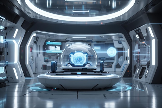 Interior futurista da sala de pesquisa de ficção científica com renderização em 3d da máquina de holograma