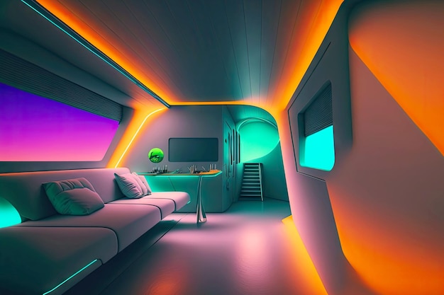 Interior futurista de iate com iluminação multicolorida e móveis minimalistas