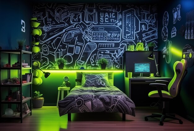 Foto interior futurista de neon para quarto de adolescentes