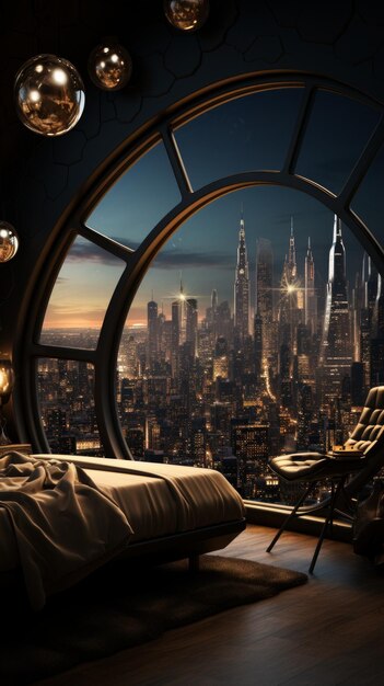 Foto interior futurista de quarto de cidade com grande janela