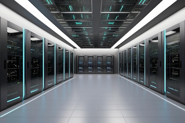 Interior futurista de um centro de dados ou sala de servidores
