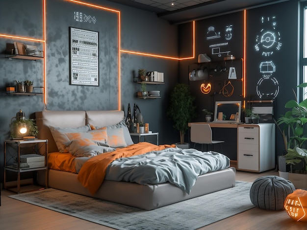 Interior futurista de dormitorio de alta tecnología con decoración de vanguardia Generado por IA