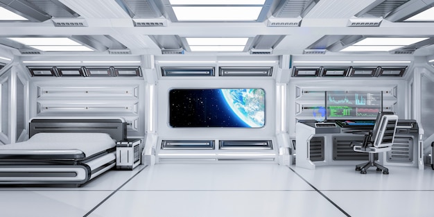 Interior futurista del dormitorio de ciencia ficción con vista del planeta tierra en la estación espacial, representación 3D