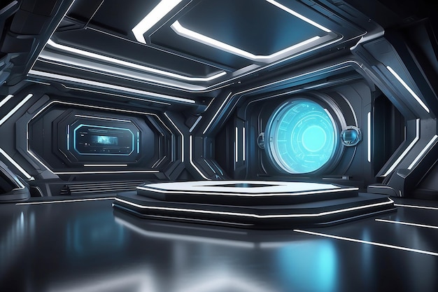 Interior futurista con escenario vacío Fondo futuro moderno Tecnología Scifi hi tech concepto renderizado en 3D