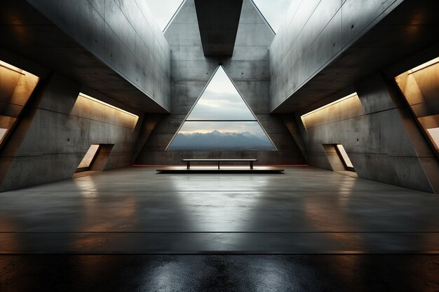 Interior futurista de hormigón con una ventana triangular y iluminación ambiental