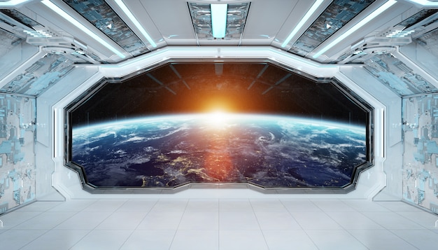 Foto interior futurista de nave espacial azul blanco con vista de ventana sobre el planeta tierra