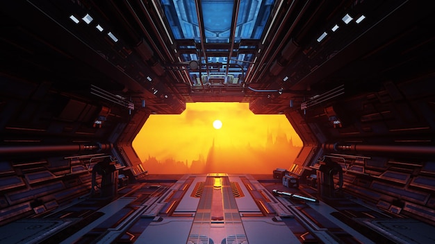 El interior futurista de la nave espacial con una gran ventana que muestra una brillante puesta de sol naranja y un paisaje urbano lejano La vista es desde el interior de la nave espacial mirando hacia afuera.
