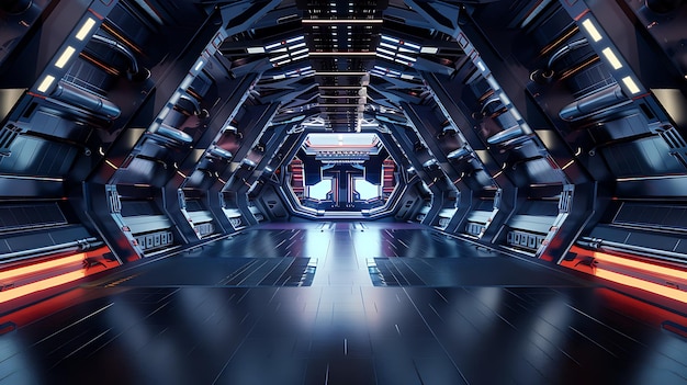 Interior futurista de una nave espacial con iluminación roja y azul