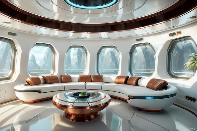 Un interior futurista de una nave espacial con un sofá y una mesa baja.