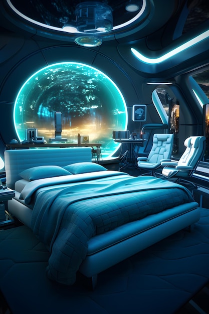 Interior futurista de una nave espacial con vistas desde la ventana.