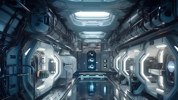 El interior futurista de una nave estelar explora el espacio en el futuro con tecnología avanzada