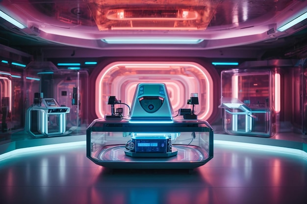 Interior futurista de la sala de investigación de ciencia ficción con renderizado 3d de máquina de hologramas