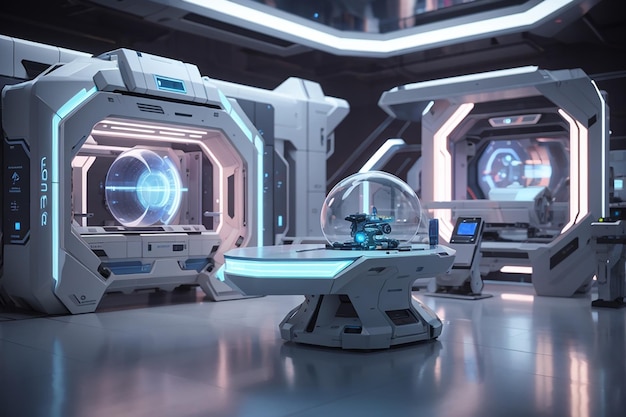 Interior futurista de la sala de investigación de ciencia ficción con renderizado 3d de máquina de hologramas