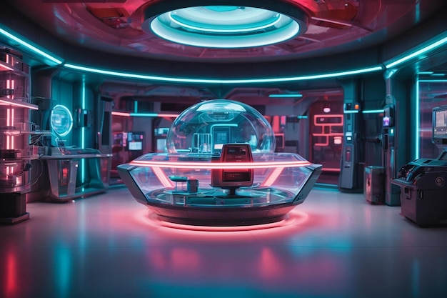 Interior futurista de la sala de investigación de ciencia ficción con renderizado 3d de máquina de hologramas