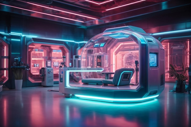 Interior futurista de la sala de investigación de ciencia ficción con renderizado 3d de máquina de hologramas