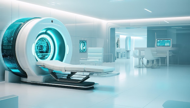 Foto interior futurista de una sala médica con una resonancia magnética en la pared.