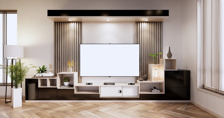 Foto interior, gabinete na moderna sala vazia na sala de estar. renderização 3d