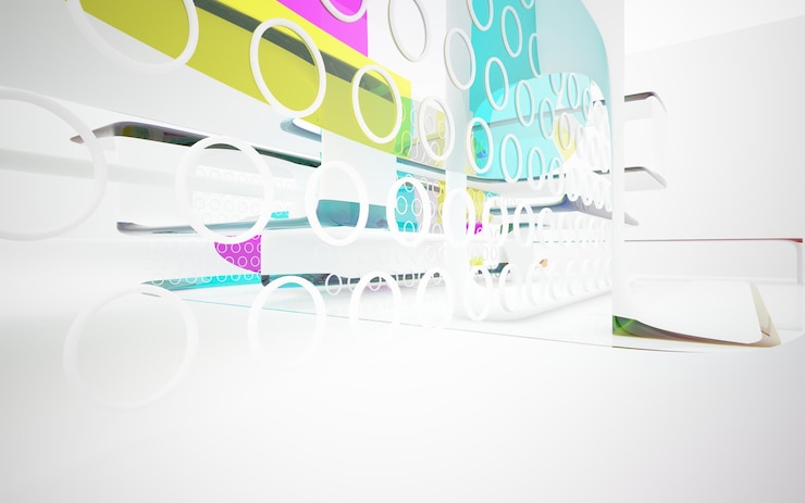 Foto interior de gafas degradadas blancas y de colores abstractos con ilustración de ventana 3d