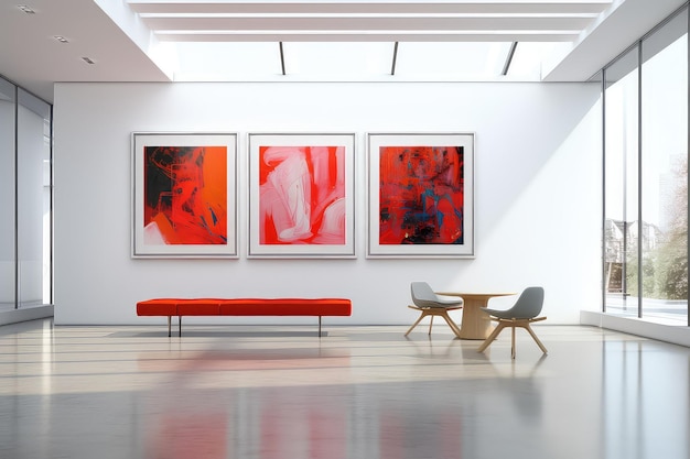 Interior de una galería de arte contemporáneo con obras de arte abstractas rojas, paredes blancas y asientos minimalistas