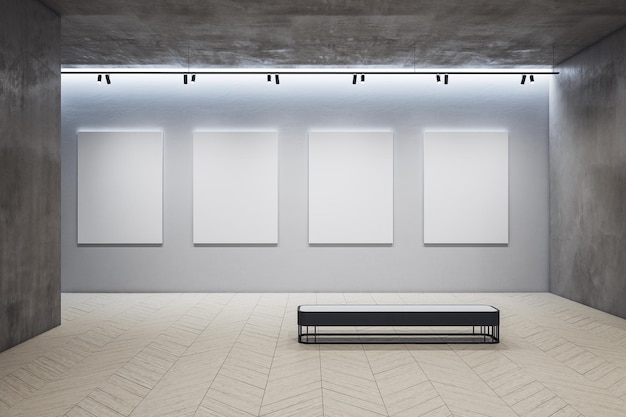 Interior de la galería con cuatro banners vacíos en la pared gris y el banco Concepto de rendimiento y presentación Maqueta de renderización en 3D