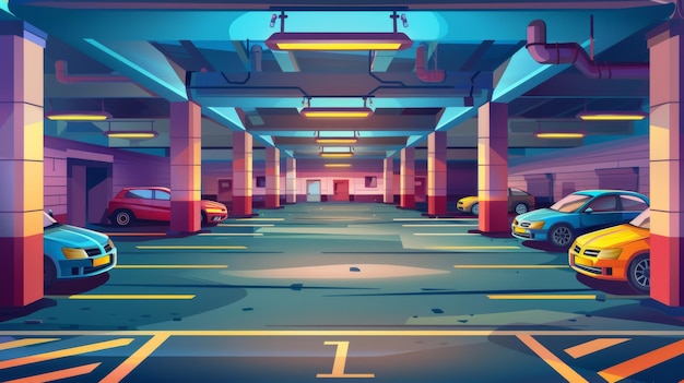 Foto interior de garaje de estacionamiento con salida ilustración moderna de automóviles estacionados en el sótano con suelo de hormigón y columnas garaje para transporte público