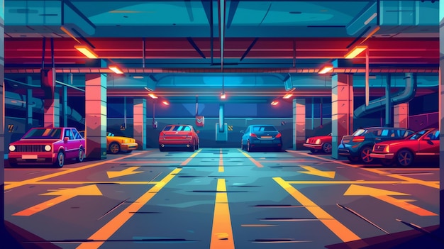 El interior de un garaje de estacionamiento subterráneo está decorado con marcas un piso de asfalto negro y columnas La ilustración moderna muestra coches estacionados en un sótano El garaje está iluminado