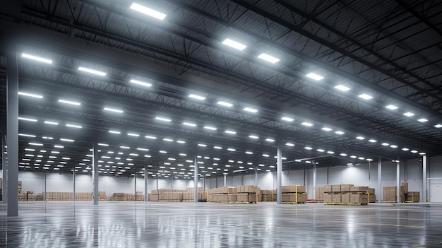 Interior generativo de AI Warehouse con parte del centro minorista de distribución de edificios de la industria de iluminación LED