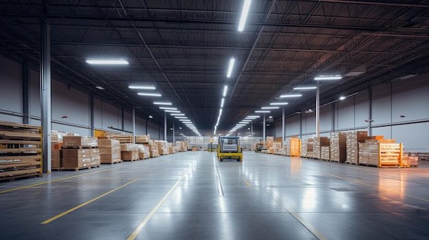 Interior generativo de AI Warehouse con parte del centro minorista de distribución de edificios de la industria de iluminación LED