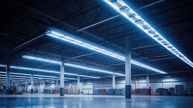 Interior generativo de AI Warehouse con parte del centro minorista de distribución de edificios de la industria de iluminación LED