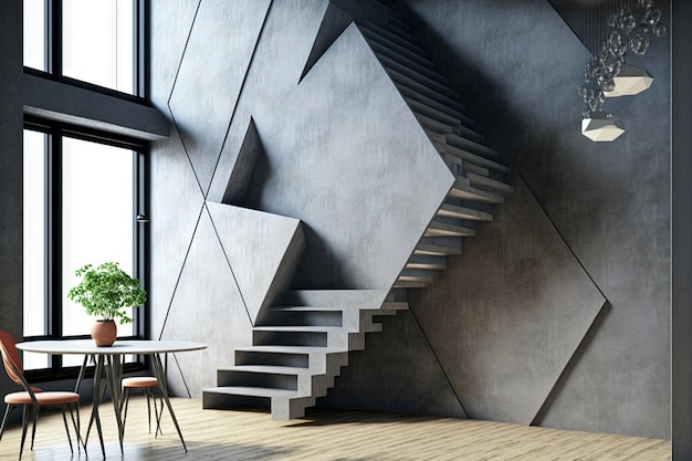 Interior geométrico de hormigón de forma libre contemporánea con escaleras, suelo de madera y lugar simulado en la pared Concepto de espacio arquitectónico