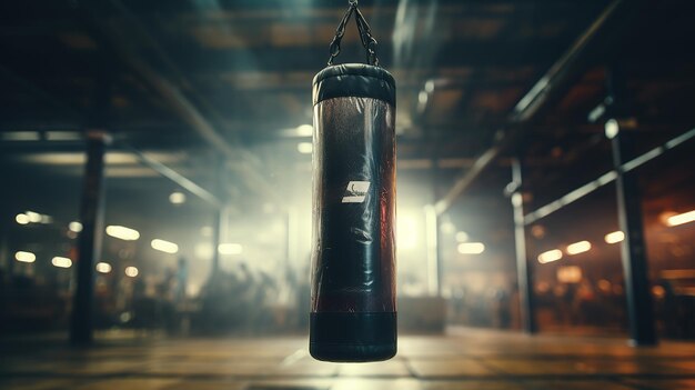 El interior del gimnasio se desvanece en un borrón destacando el movimiento del saco de boxeo balanceado