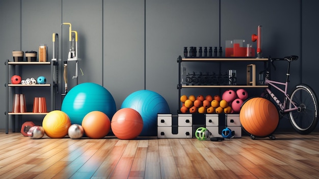 interior del gimnasio con equipo de pesas y equipo de ejercicio