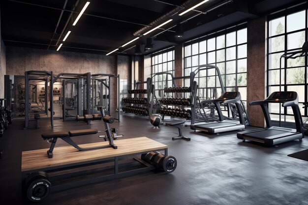 Interior del gimnasio con equipos.