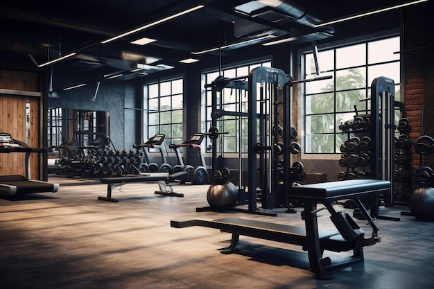 Interior del gimnasio con equipos.