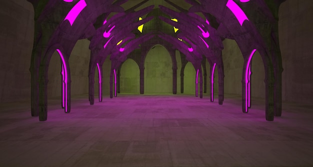 Foto interior gótico de ciencia ficción futurista de hormigón abstracto con tubos de neón brillantes de colores 3d