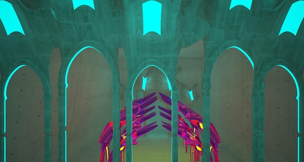Foto interior gótico de ciencia ficción futurista de hormigón abstracto con tubos de neón brillantes de colores 3d