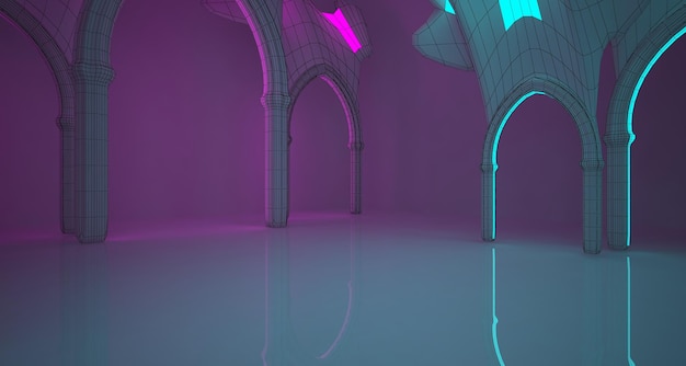 Interior gótico de ciencia ficción futurista de hormigón abstracto con tubos de neón brillantes de colores 3D