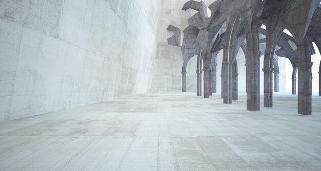 Interior gótico de hormigón abstracto con ilustración y renderizado 3D de iluminación de neón