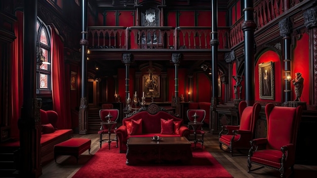 Interior gótico irreal Uma sala de estar detalhada em um grande castelo de vampiro gerado por IA