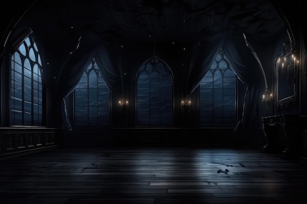 Interior gótico oscuro con ventanas brillantes